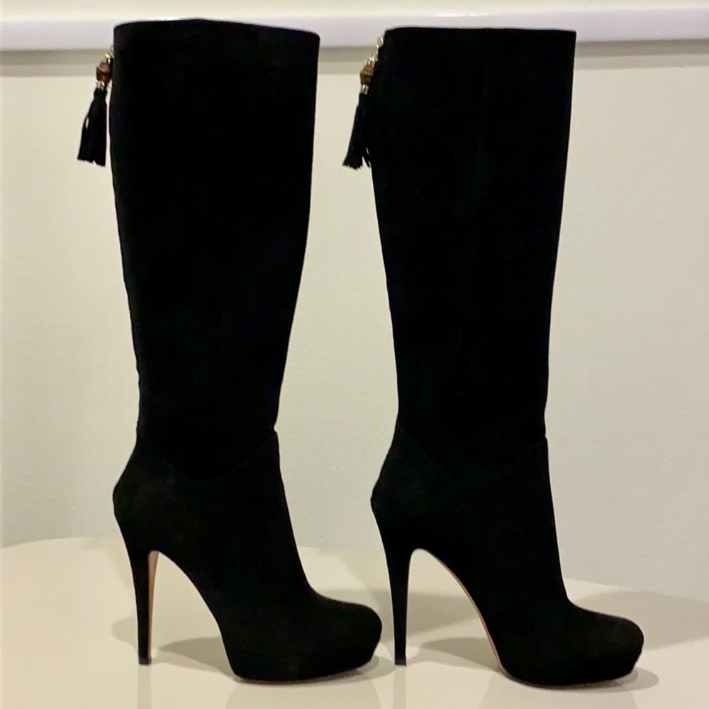 Gucci Black Suede Bamboo Tassel Heeled Boots.
